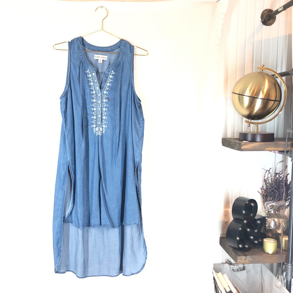 Denim Sleeveless Shift Embroidered High Low Top